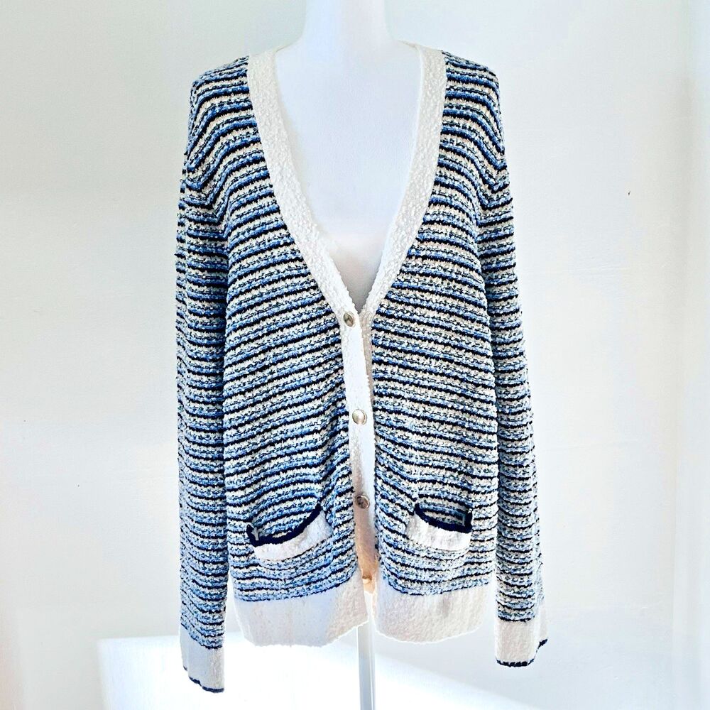 Liz Claiborne Womens XXL Blue Cream Stripe Button Classic Cozy Cardigan Sweater